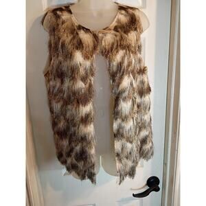 Chicos Traveler's Collection Fun Fur Sleeveless Vest Beige Brown Sz1 M Boho...